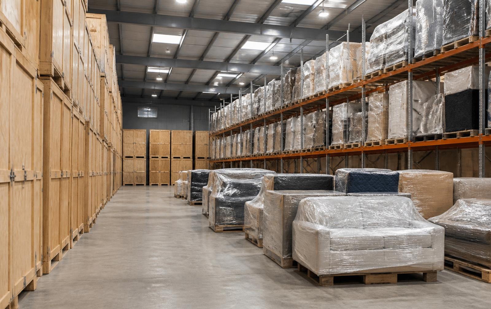 Timber storage modules and wrapped furniture inside a storage warehouse